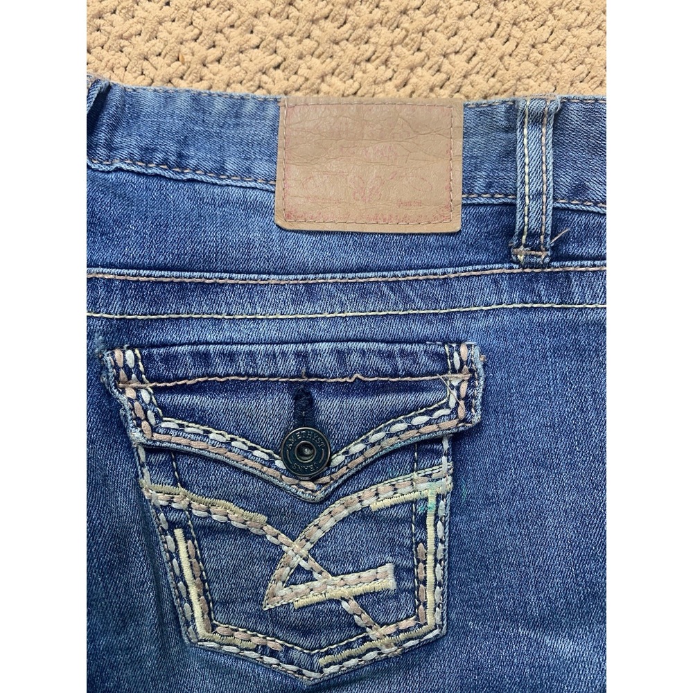 Women's 7 Amethyst Denim Blue Jeans Y2K Bootcut Embellished Pocket Distressed - Picture 3 of 8
